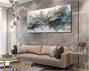 Navy Blue and Gold Graffiti Painting on Canvas for Living Room