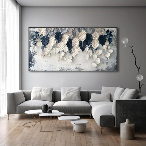 Framed Wall Art Leaf Botanical White and Blue Modern Artwork Canvas Painting for Living Room