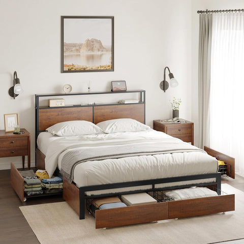 HAUSOURCE Queen Bed Frame with Storage Headboard and 4 Drawers