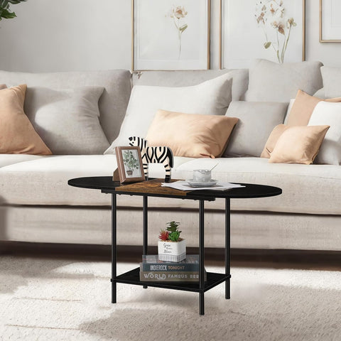 ETELI 2 Tier Small Oval Coffee Table Black Farmhouse Center Table