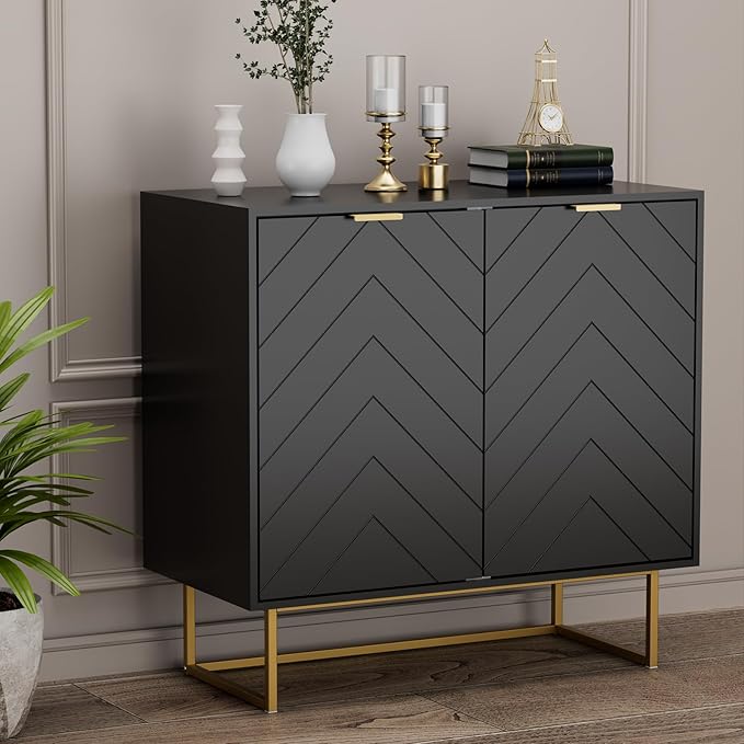 Black Sideboard Storage Cabinet with Doors and Adjustable Shelf