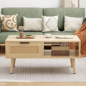 SogesHome Mid Century Coffee Table with Rattan Decorated Drawer