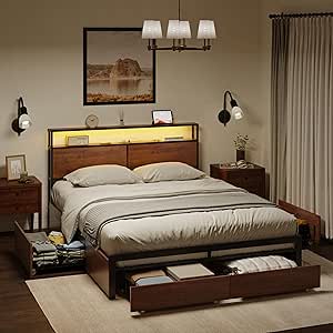 HAUSOURCE Queen Bed Frame with Storage Headboard and 4 Drawers