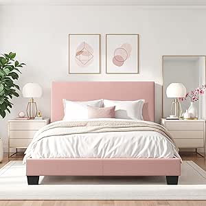 CorLiving Celeste Pink Boucle Fabric Upholstered Bed with Headboard