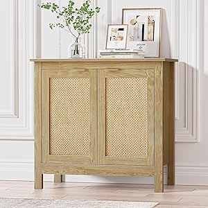 Farmhouse Kitchen Console Table Accent Cabinet with 2 Rattan Decorated Doors