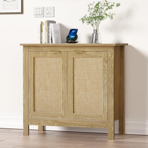 Farmhouse Kitchen Console Table Accent Cabinet with 2 Rattan Decorated Doors