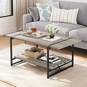 2-Tier Farmhouse 41'' Large Gray Wood Coffee Table with Storage Shelf